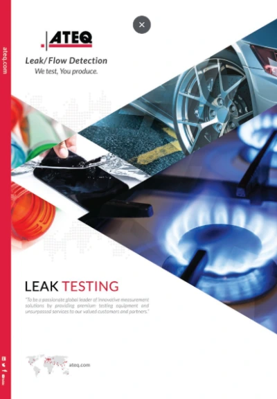 ATEQ brochure on leak detection featuring images of a wheel, gas flame, and colored liquid
