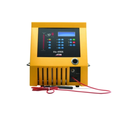 Yellow ATEQ Hx-490S testing device with control screen and red cables