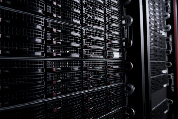 Black computer server racks stacked in a data center