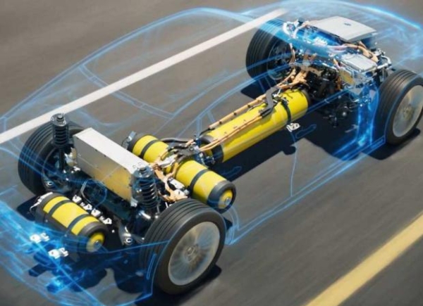 3D model of a hydrogen car chassis with yellow tanks and visible motors